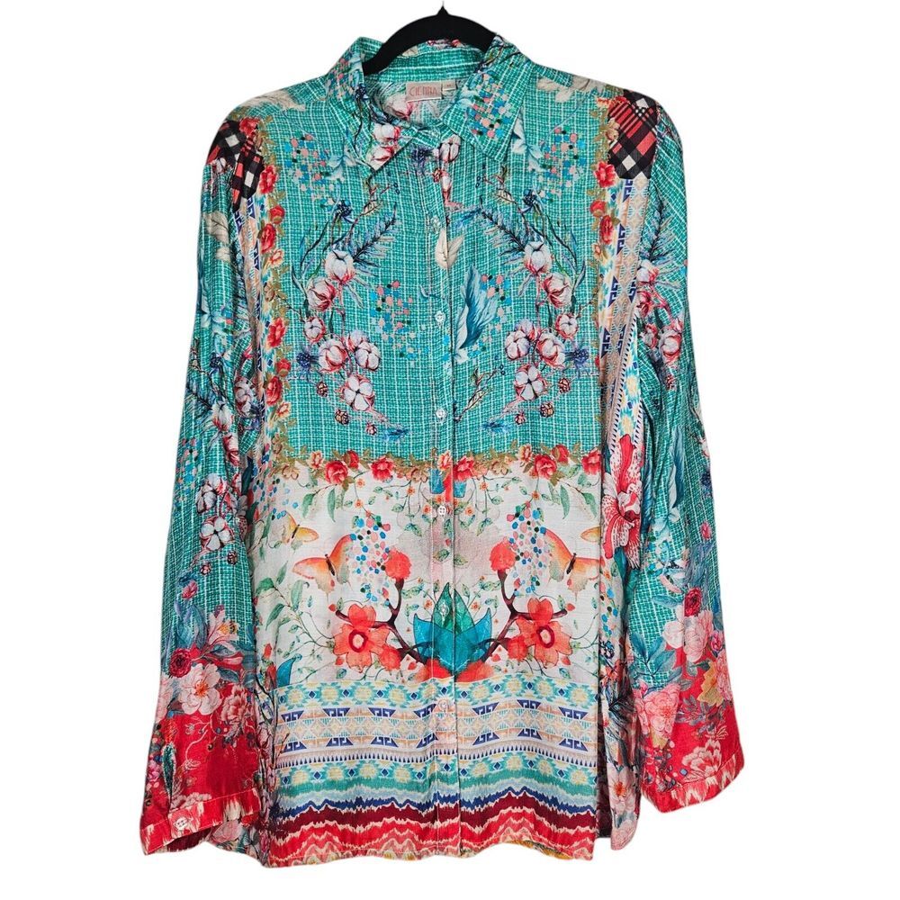 CIENNA Top Women Western Size M Floral Silk Button Up Blouse Long Sleeve Cottage